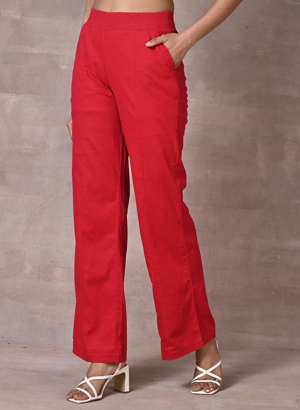 Akiya Red Cotton Linen Relaxed Fit Pants for Women