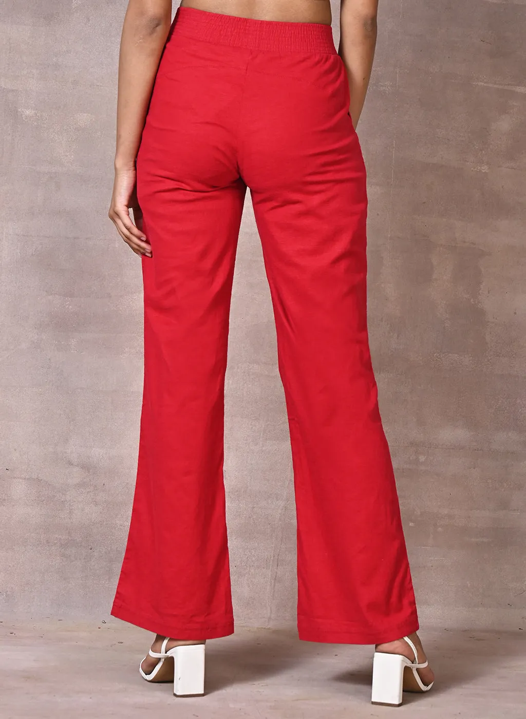 Akiya Red Cotton Linen Relaxed Fit Pants for Women