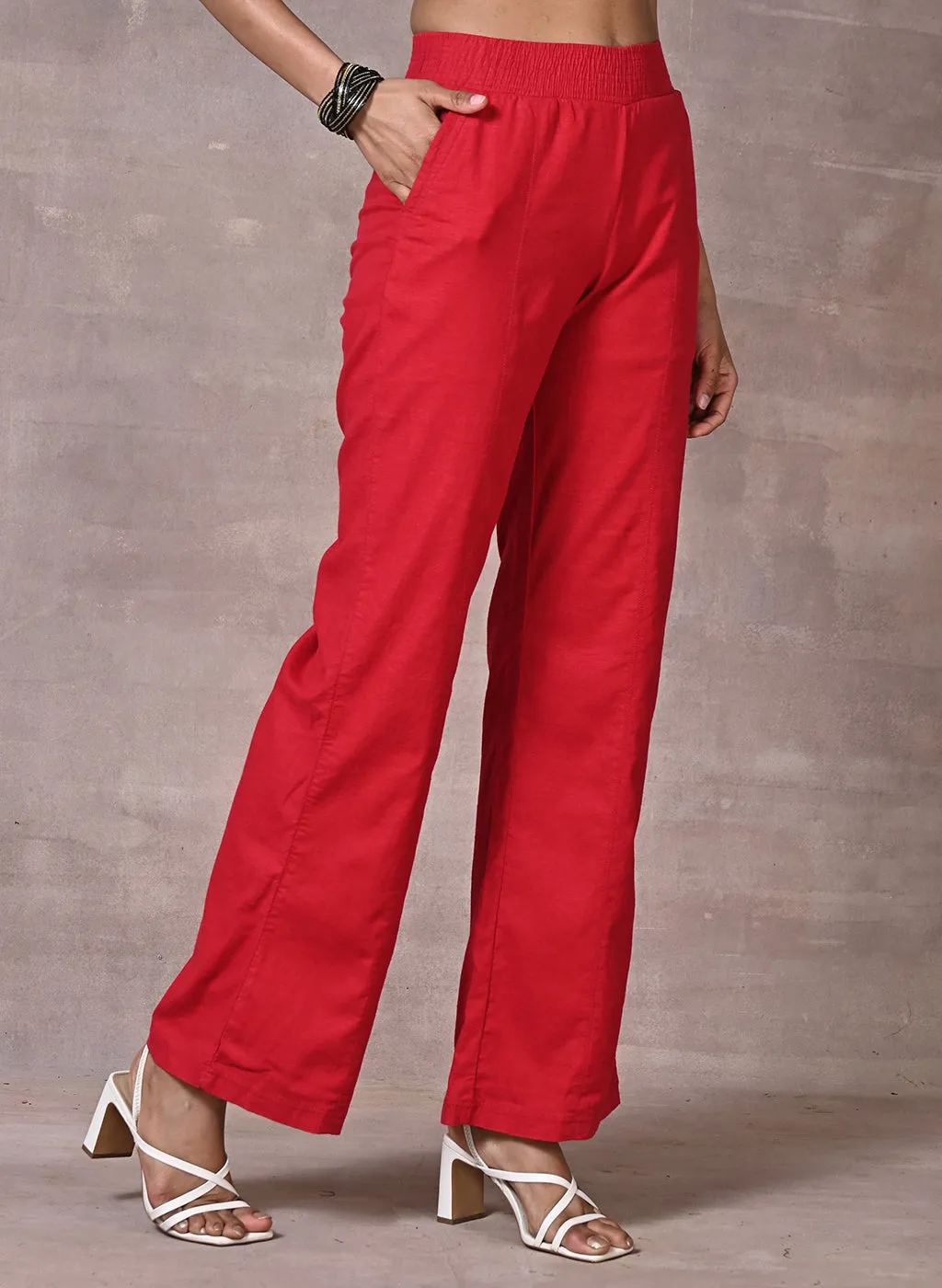 Akiya Red Cotton Linen Relaxed Fit Pants for Women