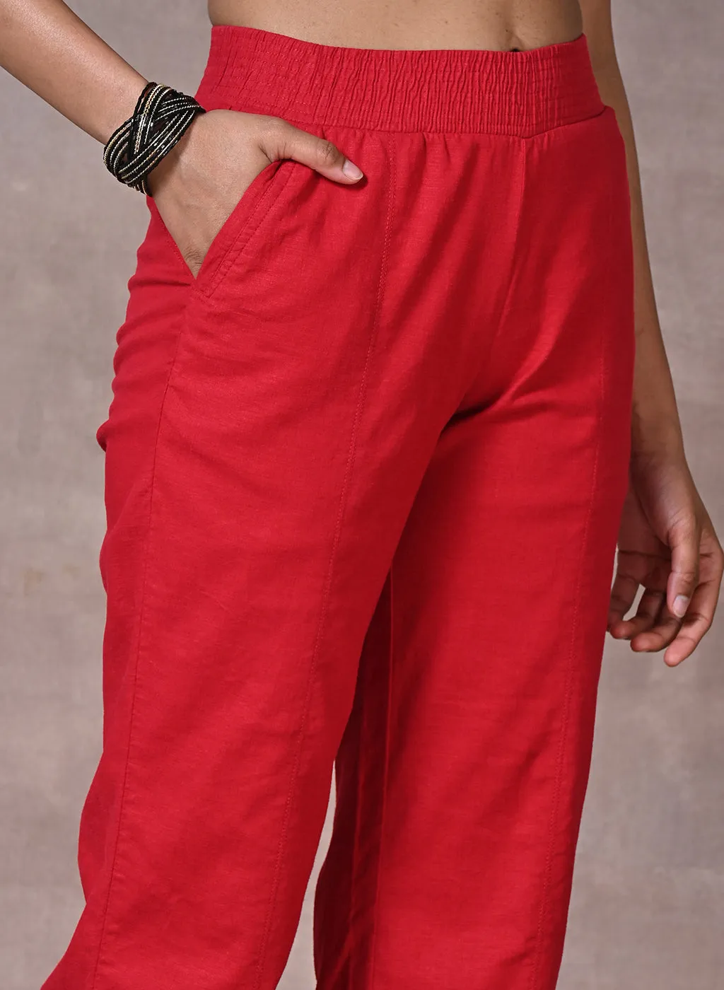 Akiya Red Cotton Linen Relaxed Fit Pants for Women