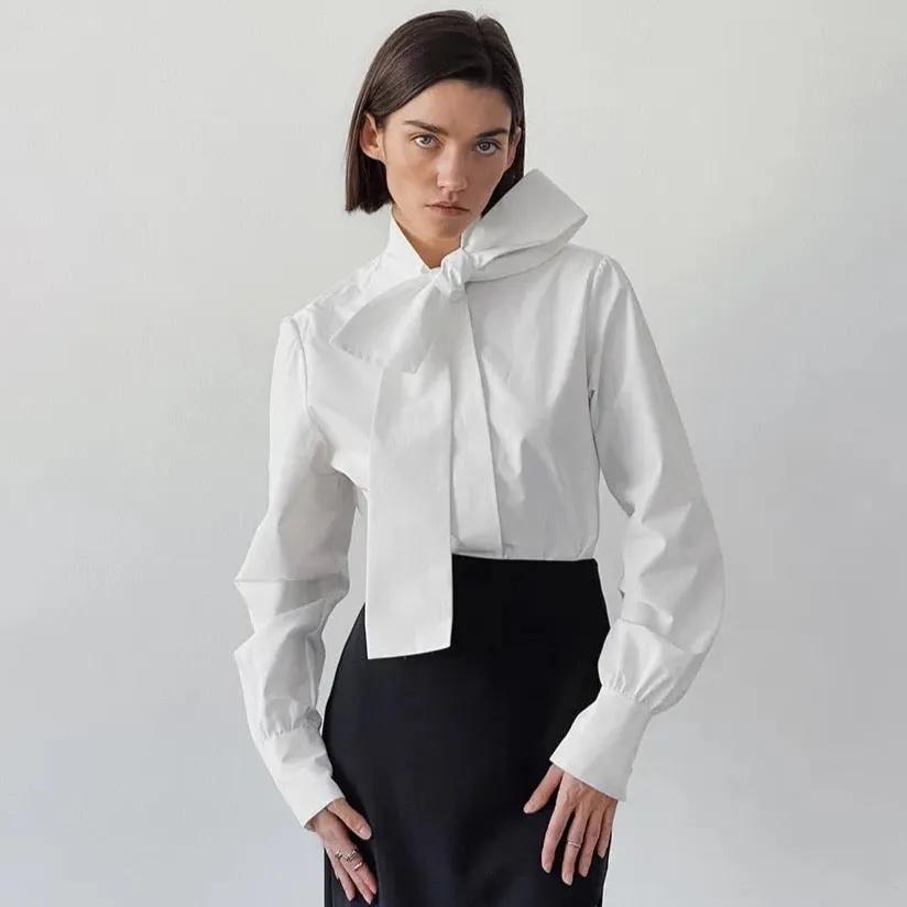 Aliz Elegant Cotton Bow White Shirts