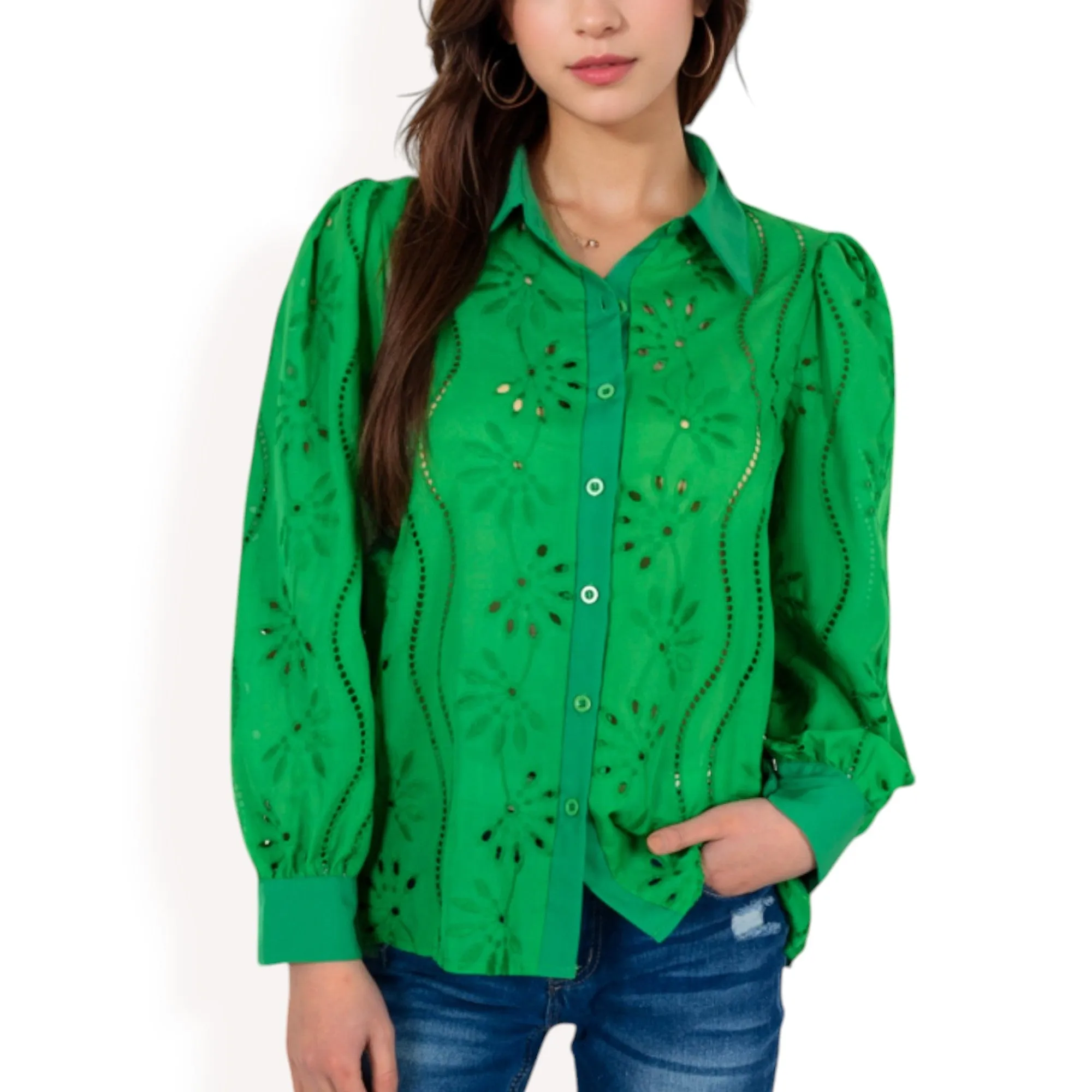 Anna-Kaci Women's Embroidered Eyelet Long Sleeve Button-Up Blouse