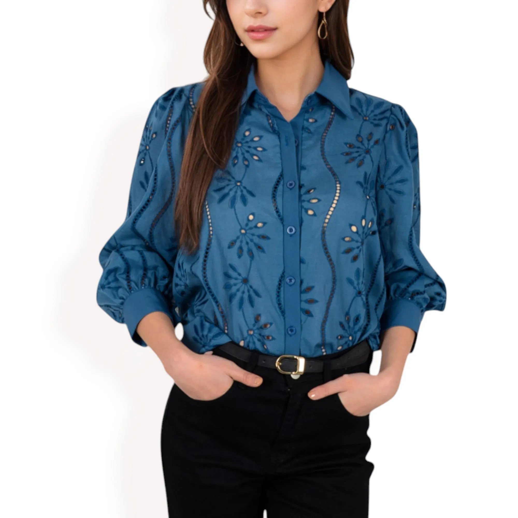 Anna-Kaci Women's Embroidered Eyelet Long Sleeve Button-Up Blouse