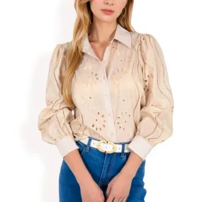 Anna-Kaci Women's Embroidered Eyelet Long Sleeve Button-Up Blouse