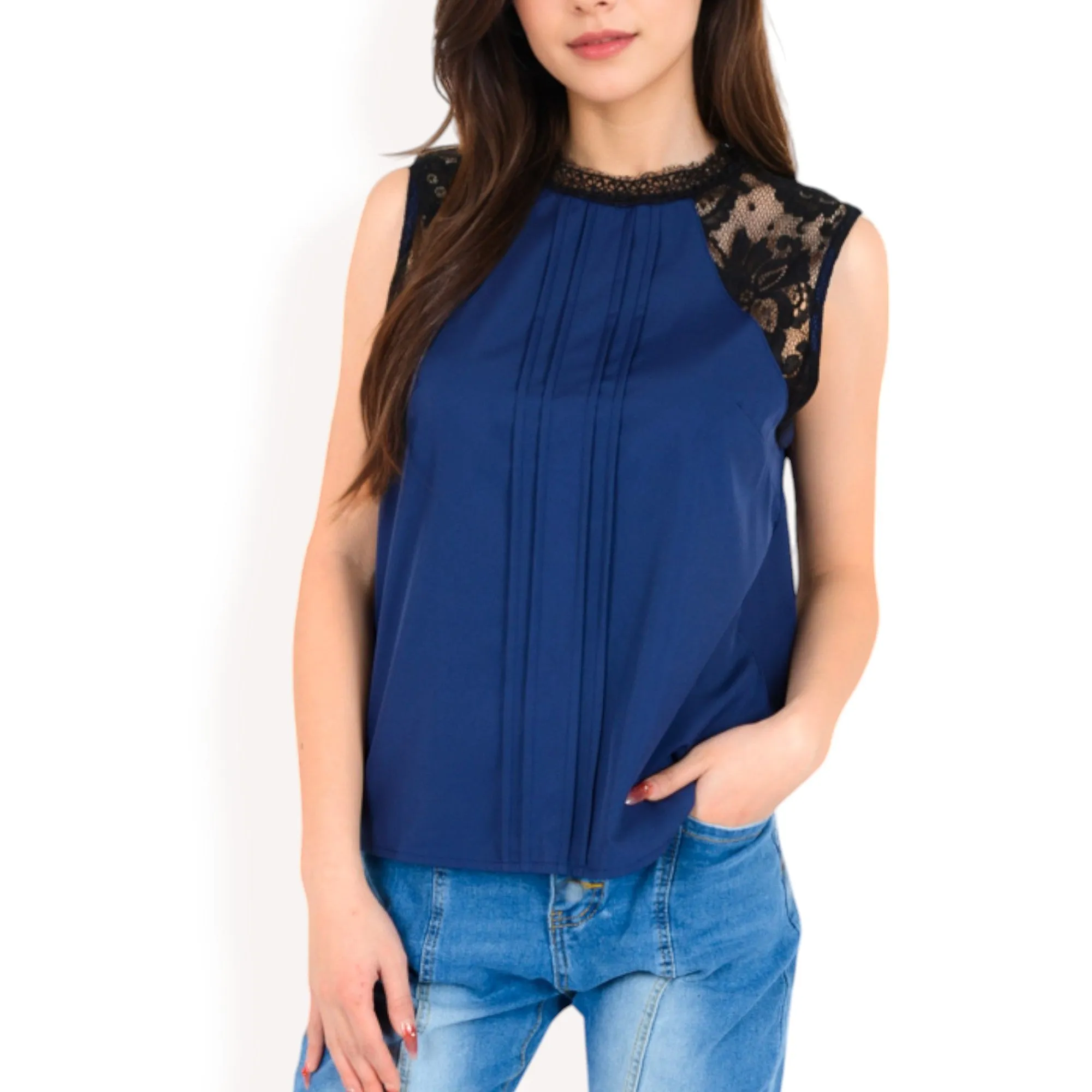 Anna-Kaci Women's Sleeveless Blouse with Lace Yoke and Pleated Front