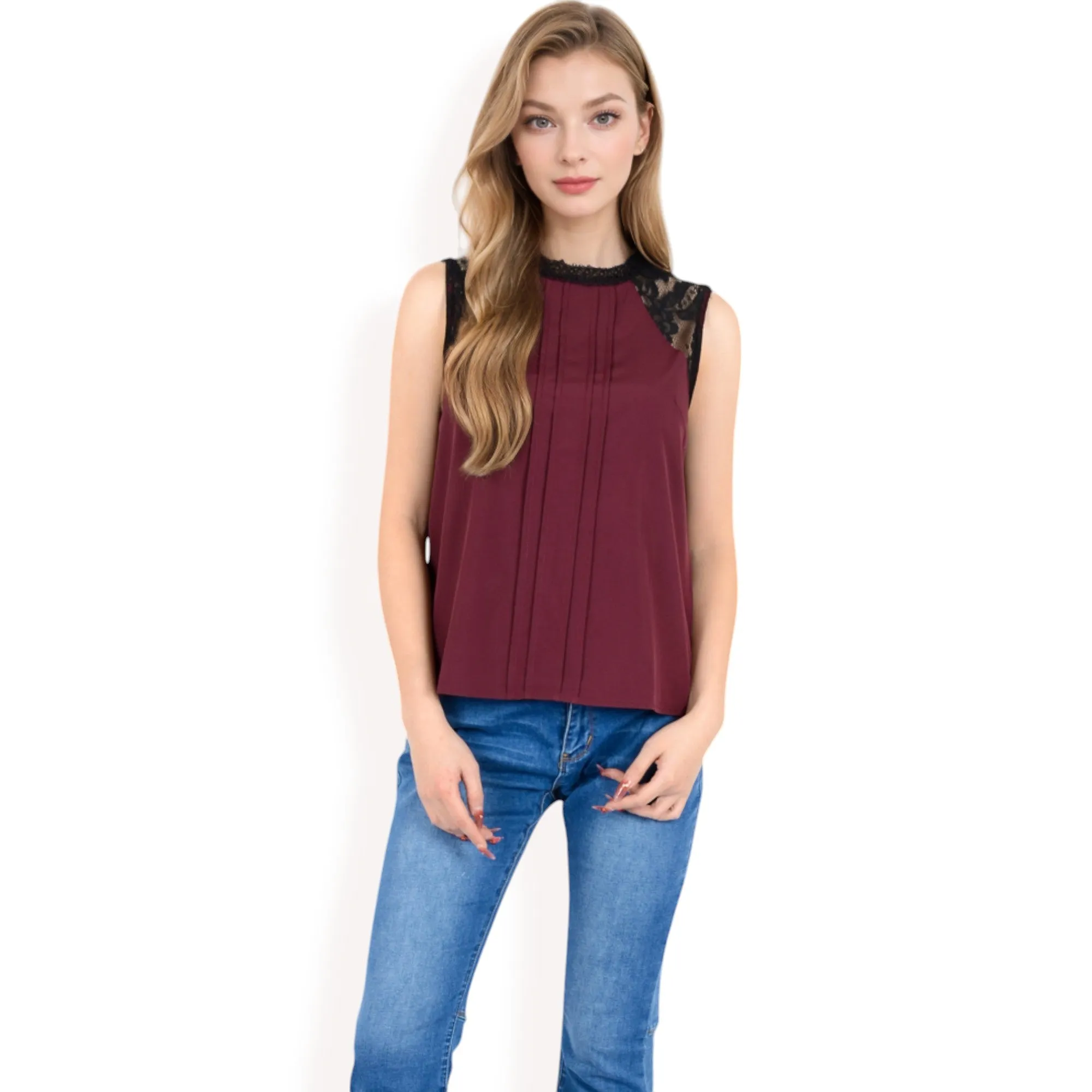 Anna-Kaci Women's Sleeveless Blouse with Lace Yoke and Pleated Front