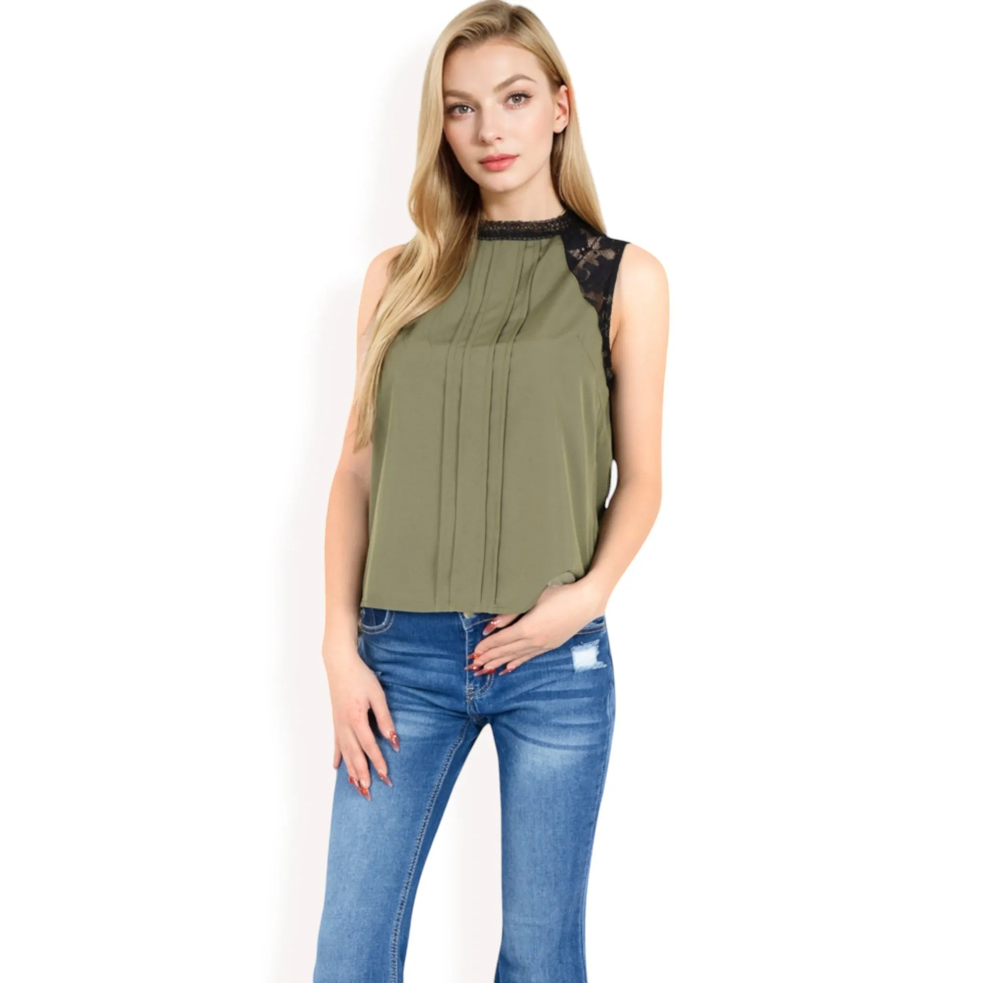 Anna-Kaci Women's Sleeveless Blouse with Lace Yoke and Pleated Front