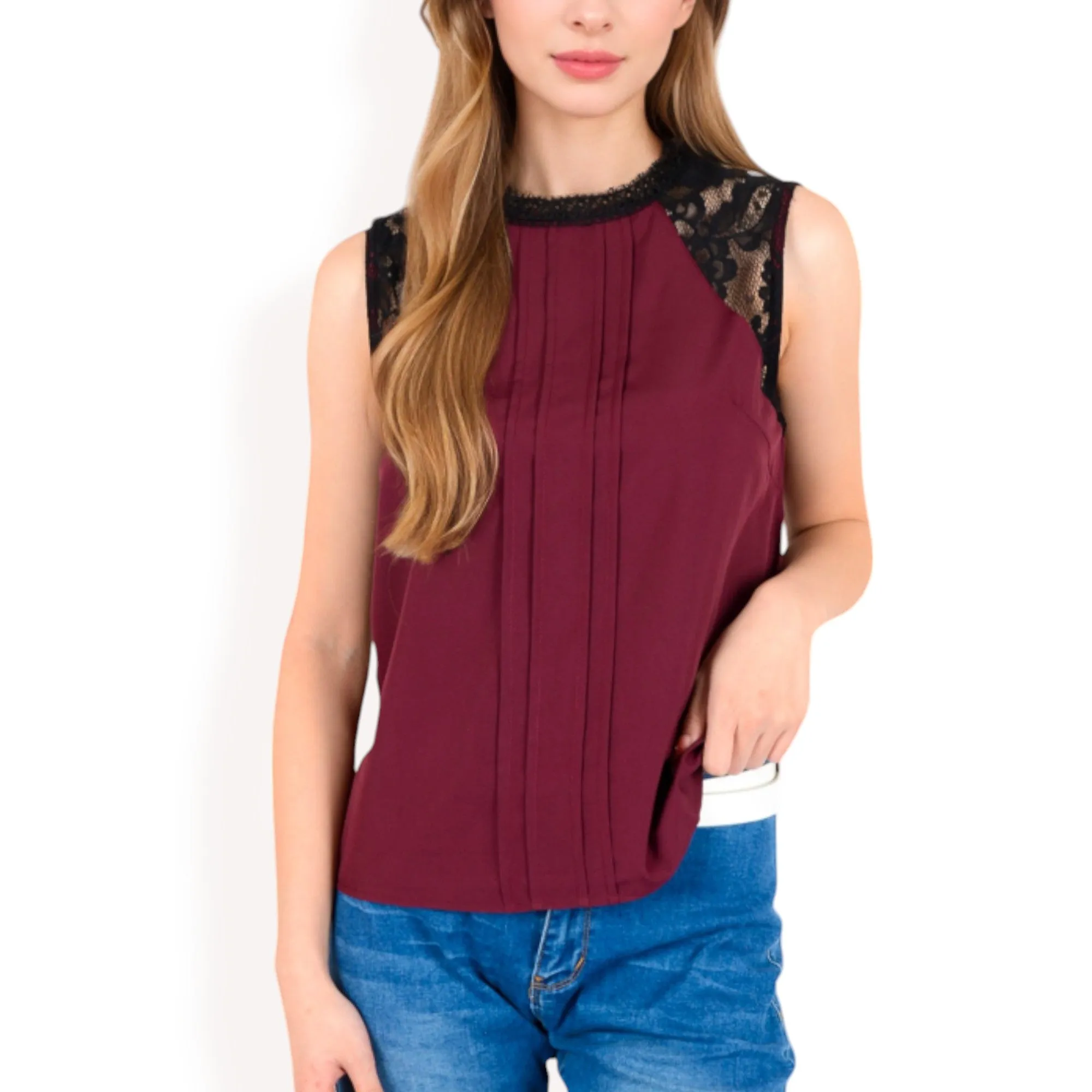 Anna-Kaci Women's Sleeveless Blouse with Lace Yoke and Pleated Front