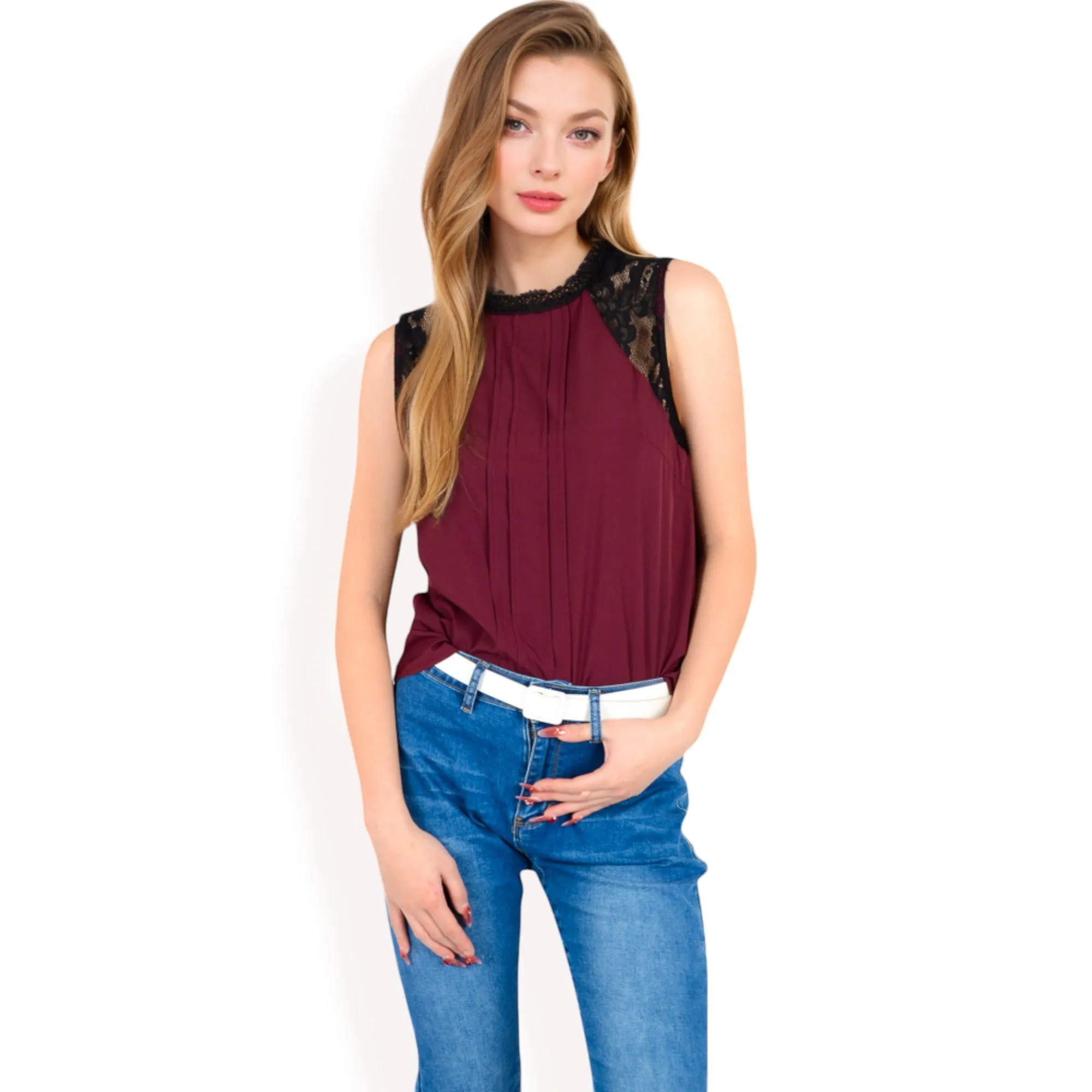 Anna-Kaci Women's Sleeveless Blouse with Lace Yoke and Pleated Front