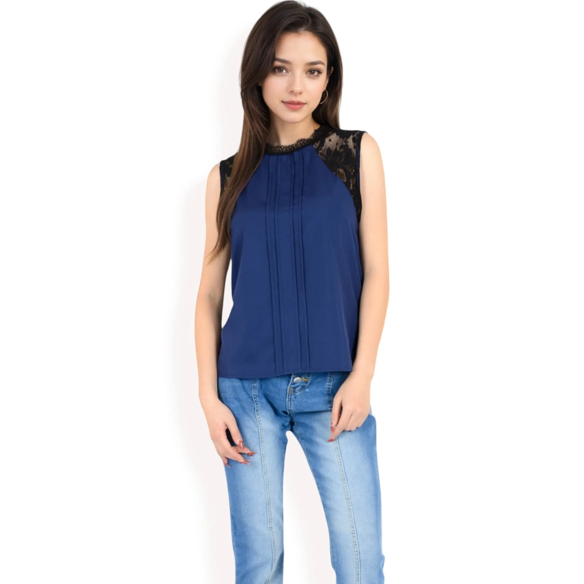 Anna-Kaci Women's Sleeveless Blouse with Lace Yoke and Pleated Front