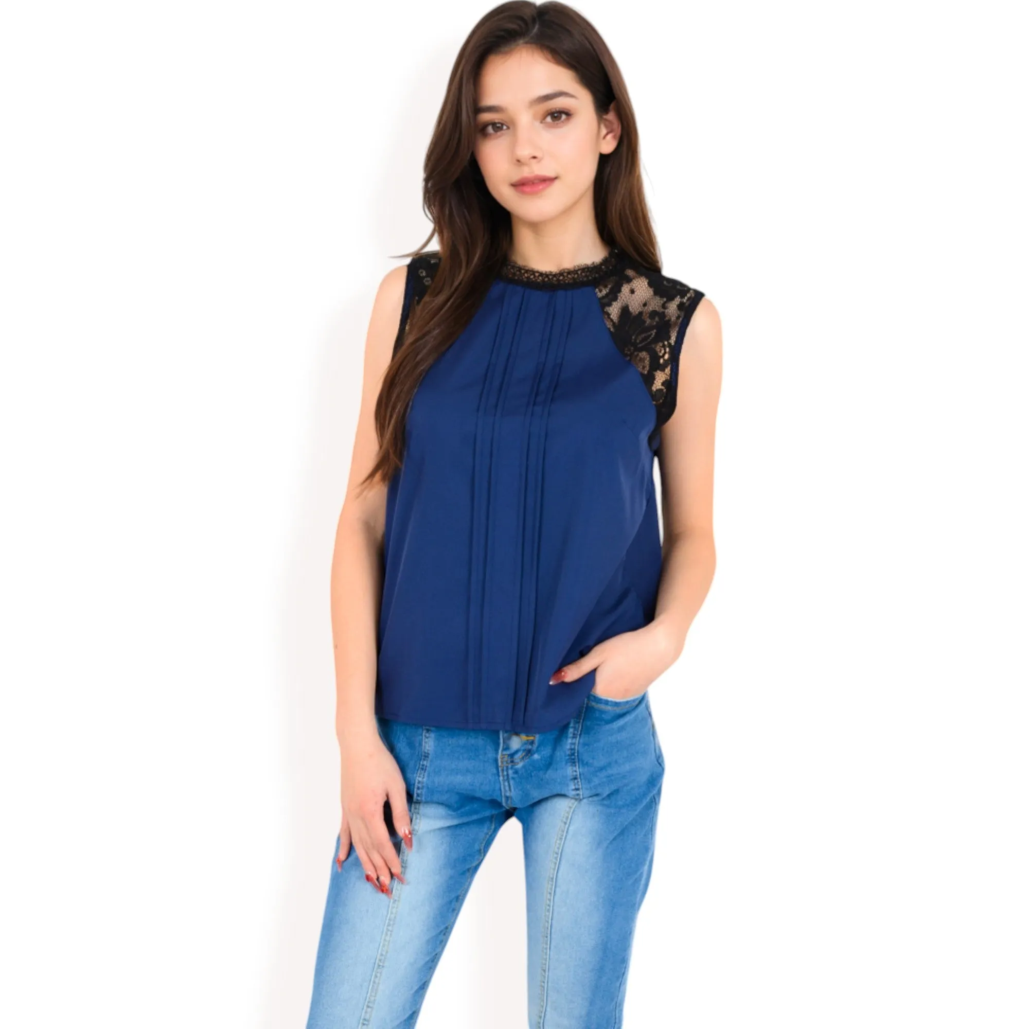 Anna-Kaci Women's Sleeveless Blouse with Lace Yoke and Pleated Front