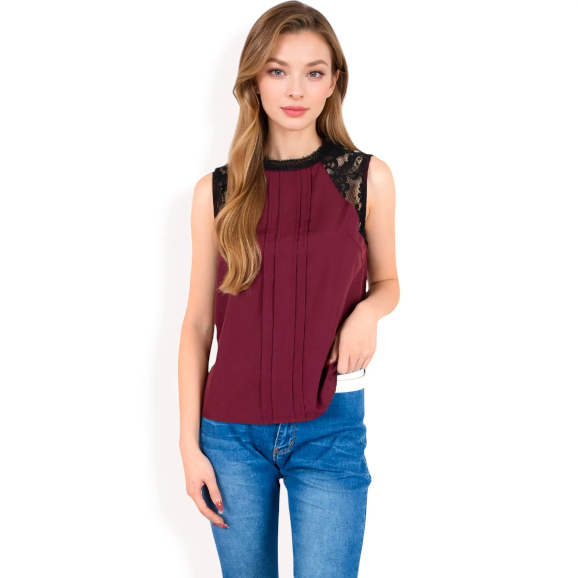 Anna-Kaci Women's Sleeveless Blouse with Lace Yoke and Pleated Front