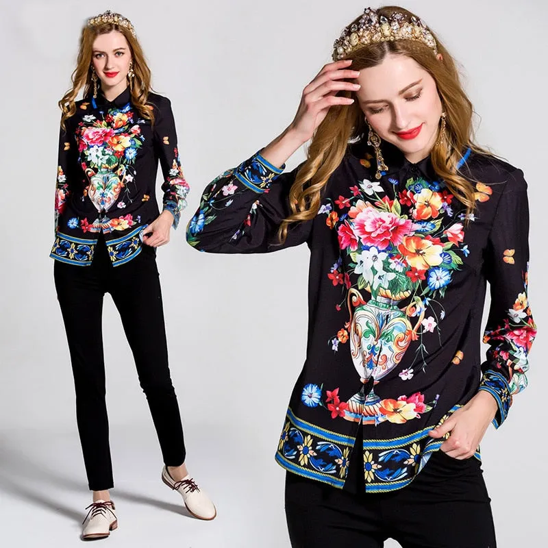 Beautiful  Exquisite  Black Floral Printed Blouse  Women's Turn Down Collar Long Sleeve Fashion Tops