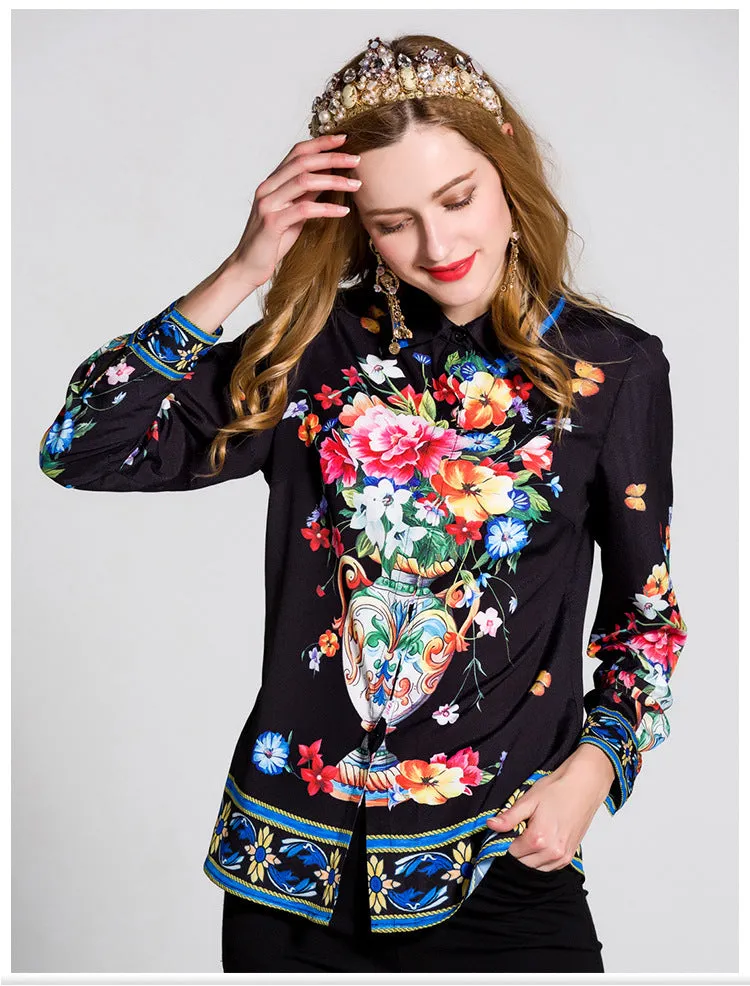 Beautiful  Exquisite  Black Floral Printed Blouse  Women's Turn Down Collar Long Sleeve Fashion Tops