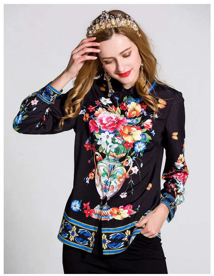 Beautiful  Exquisite  Black Floral Printed Blouse  Women's Turn Down Collar Long Sleeve Fashion Tops