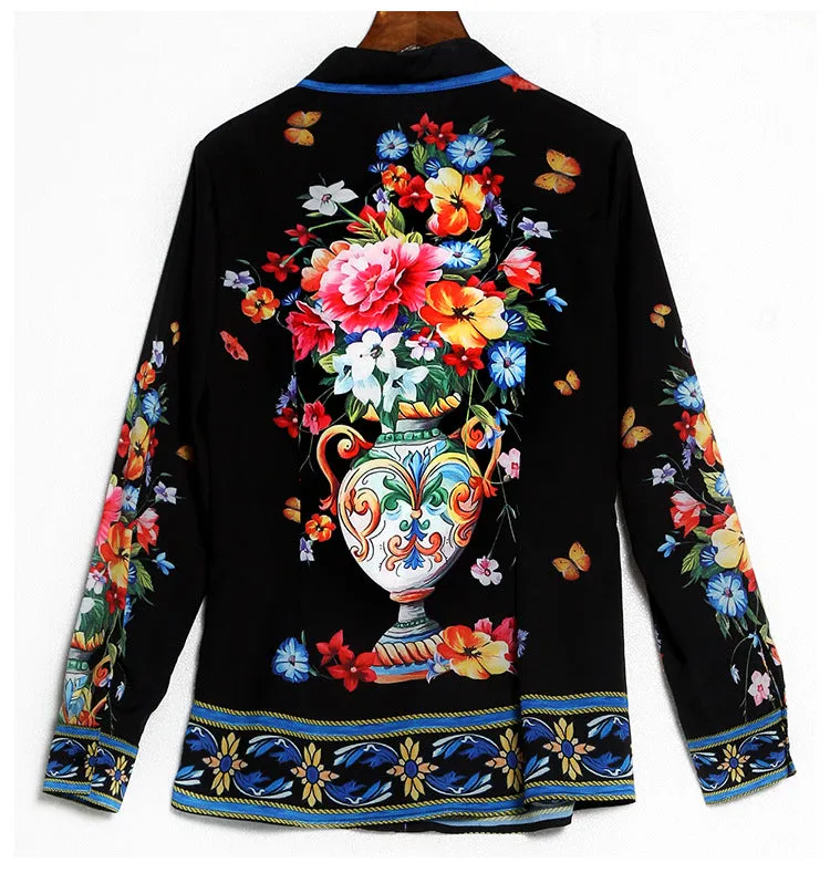 Beautiful  Exquisite  Black Floral Printed Blouse  Women's Turn Down Collar Long Sleeve Fashion Tops