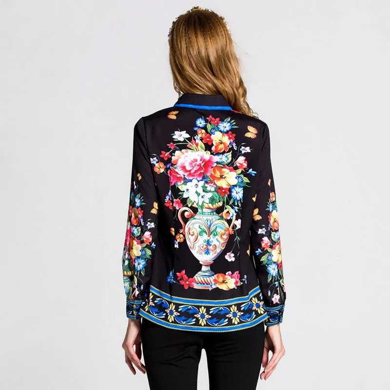 Beautiful  Exquisite  Black Floral Printed Blouse  Women's Turn Down Collar Long Sleeve Fashion Tops