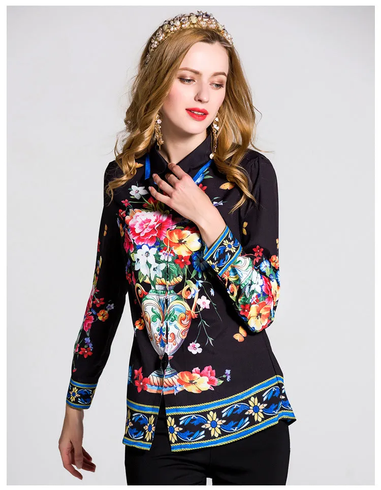 Beautiful  Exquisite  Black Floral Printed Blouse  Women's Turn Down Collar Long Sleeve Fashion Tops