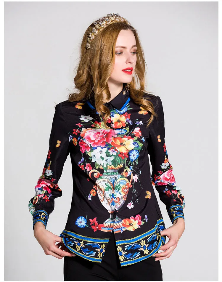 Beautiful  Exquisite  Black Floral Printed Blouse  Women's Turn Down Collar Long Sleeve Fashion Tops