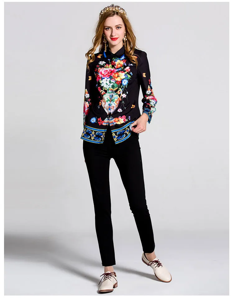 Beautiful  Exquisite  Black Floral Printed Blouse  Women's Turn Down Collar Long Sleeve Fashion Tops