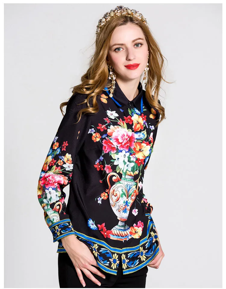 Beautiful  Exquisite  Black Floral Printed Blouse  Women's Turn Down Collar Long Sleeve Fashion Tops