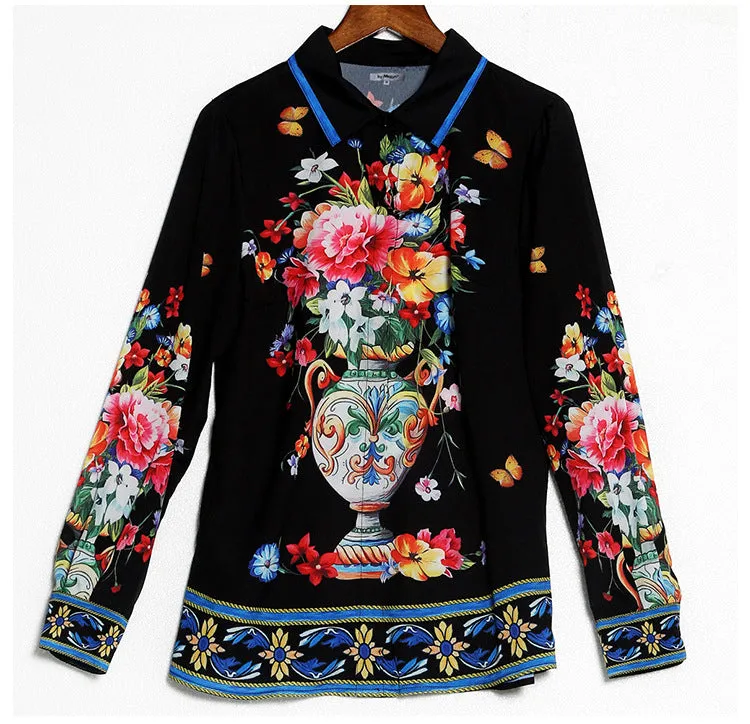 Beautiful  Exquisite  Black Floral Printed Blouse  Women's Turn Down Collar Long Sleeve Fashion Tops