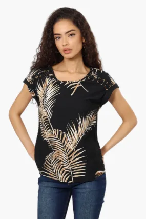 Beechers Brook Leaf Pattern Short Sleeve Blouse - Black