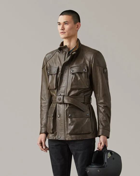 BELSTAFF TRIALMASTER HAND WAXED LEATHER MOTORCYCLE JACKET - DARK OLIVE