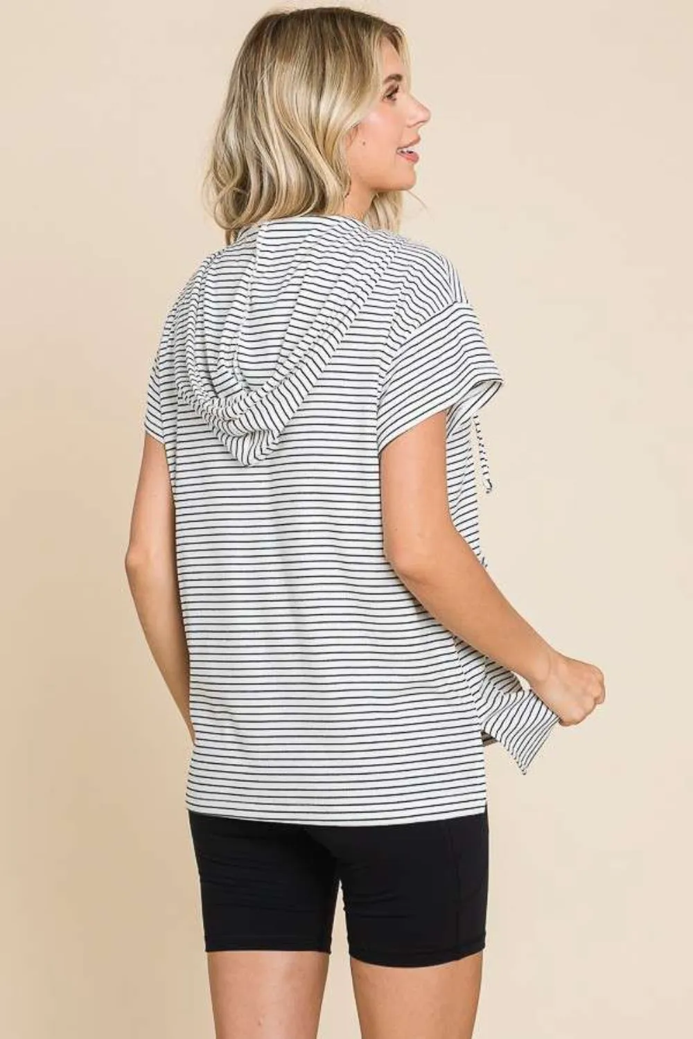 Black Striped Short Sleeve Hooded Top