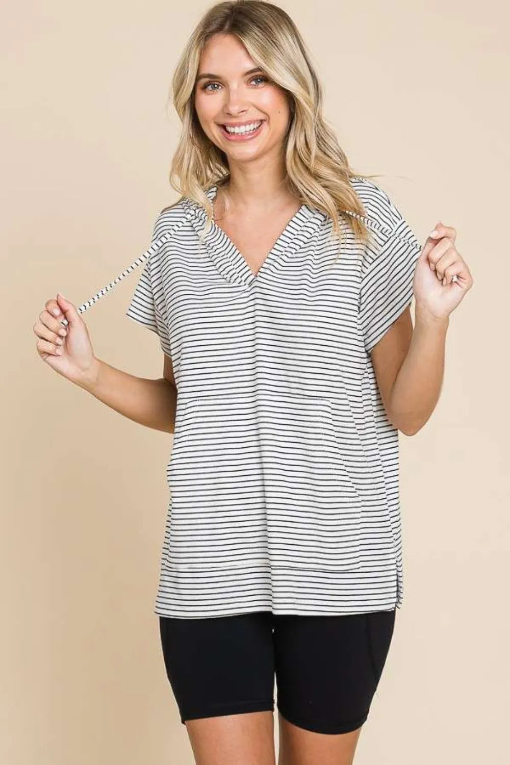 Black Striped Short Sleeve Hooded Top