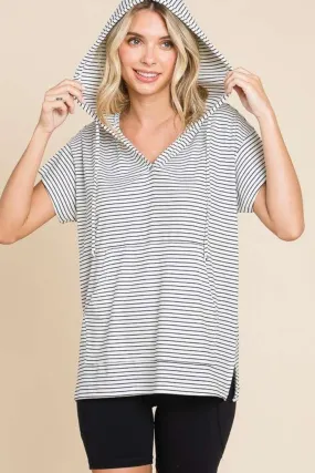 Black Striped Short Sleeve Hooded Top