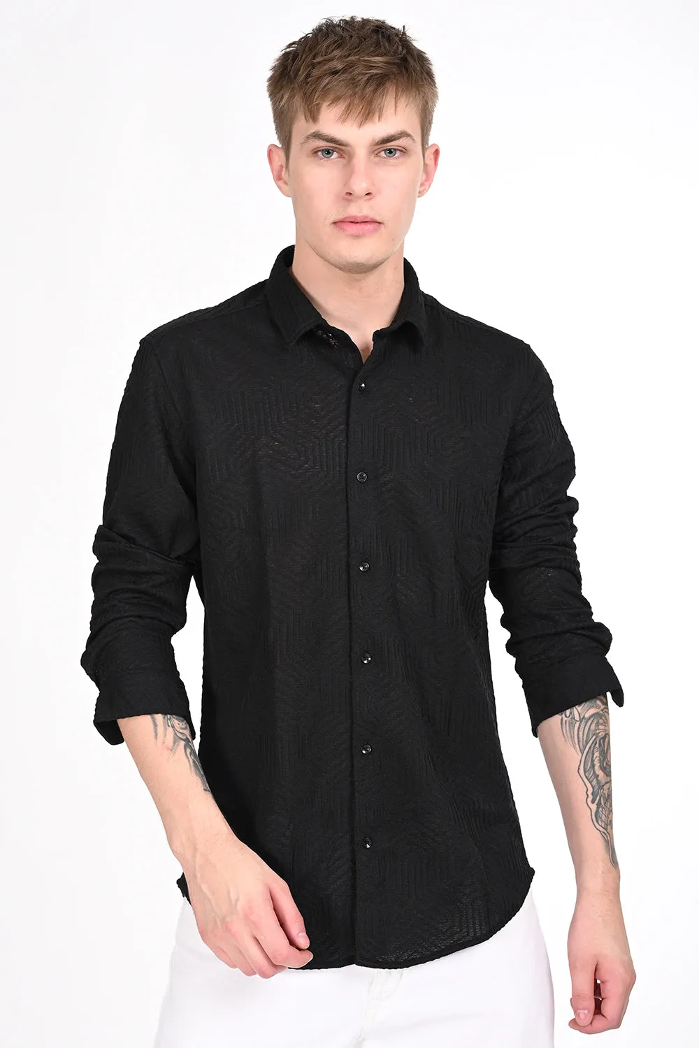 Black Textured Regular Fit Shirt