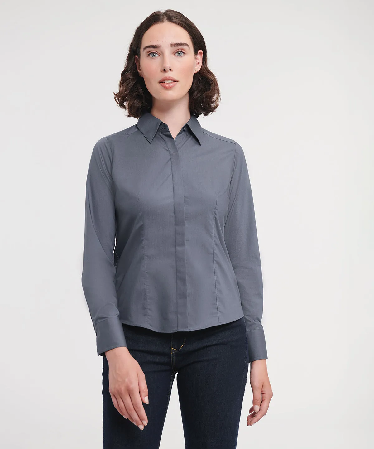 Black - Women's long sleeve polycotton easycare fitted poplin shirt