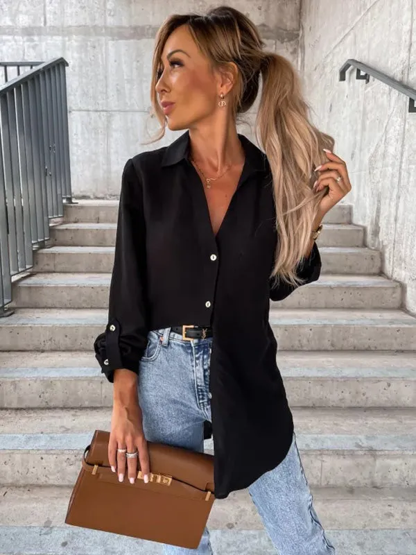 Chicmy-Trendy Long Sleeves Solid Color Lapel Collar Blouses