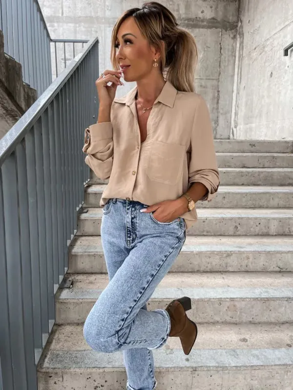 Chicmy-Trendy Long Sleeves Solid Color Lapel Collar Blouses