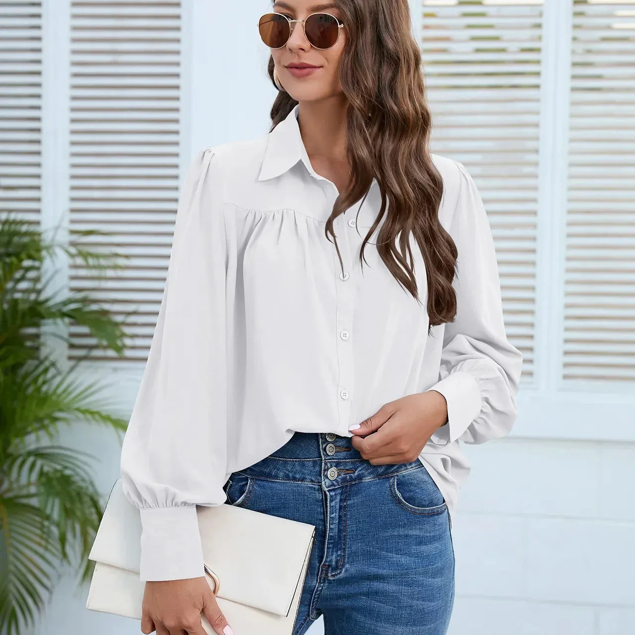 Chiffon Fashion Ruched Long Sleeve Turn Down Collar Office Lady Elegant White Loose Top Blouse