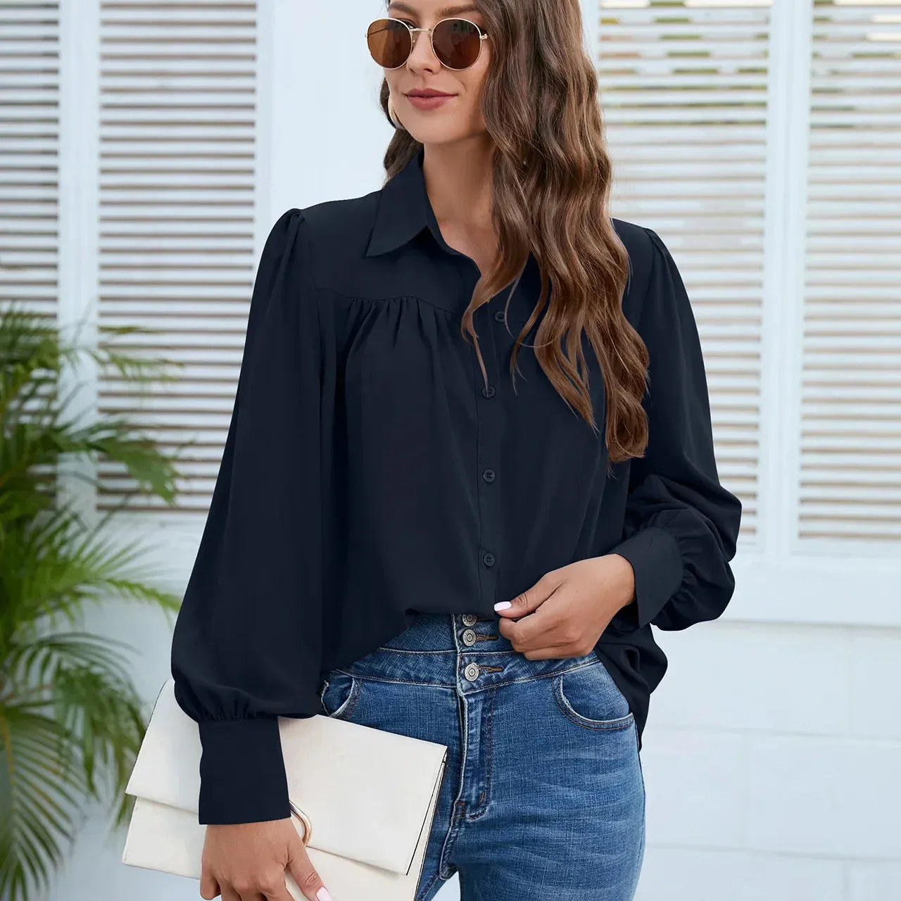 Chiffon Fashion Ruched Long Sleeve Turn Down Collar Office Lady Elegant White Loose Top Blouse