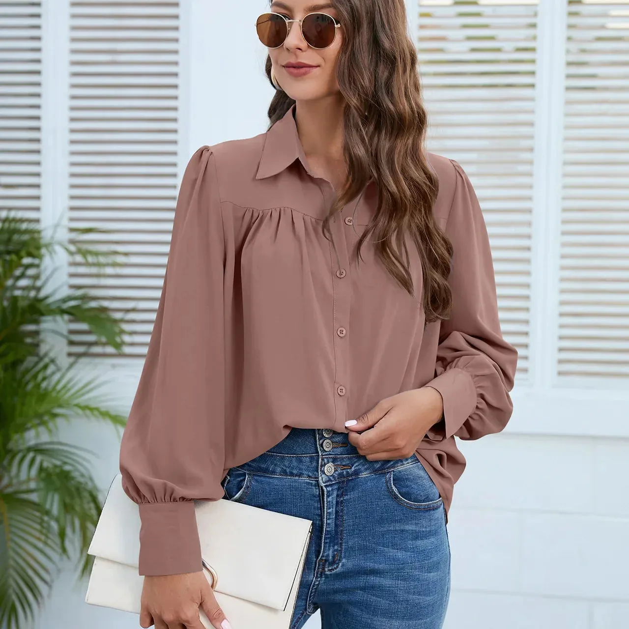 Chiffon Fashion Ruched Long Sleeve Turn Down Collar Office Lady Elegant White Loose Top Blouse