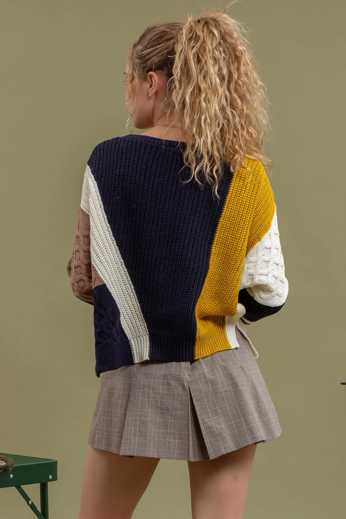 Colorblock Mixed Cableknit Sweater