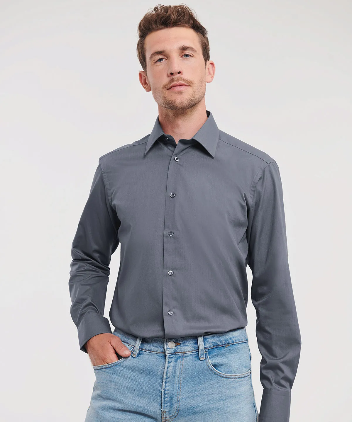 Corporate Blue - Long sleeve polycotton easycare fitted poplin shirt