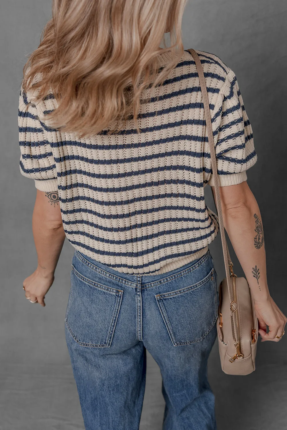 Crew Neck Short Puff Sleeve Sweater T Shirt