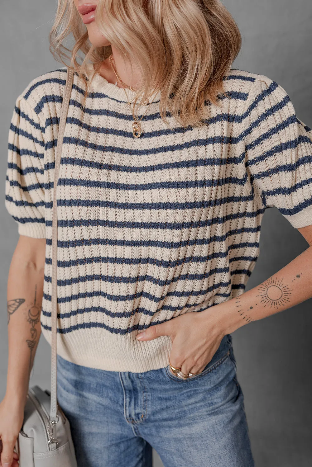 Crew Neck Short Puff Sleeve Sweater T Shirt