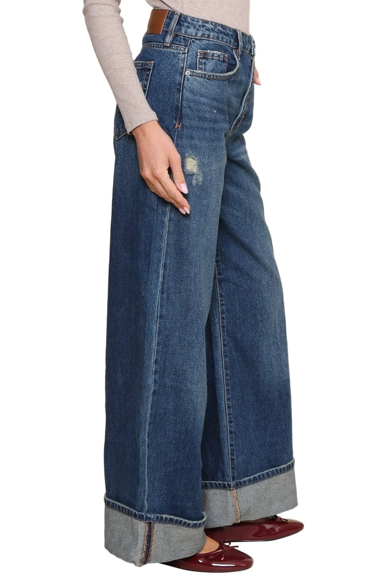 Cuffed Dark Wash Wide Leg Jean