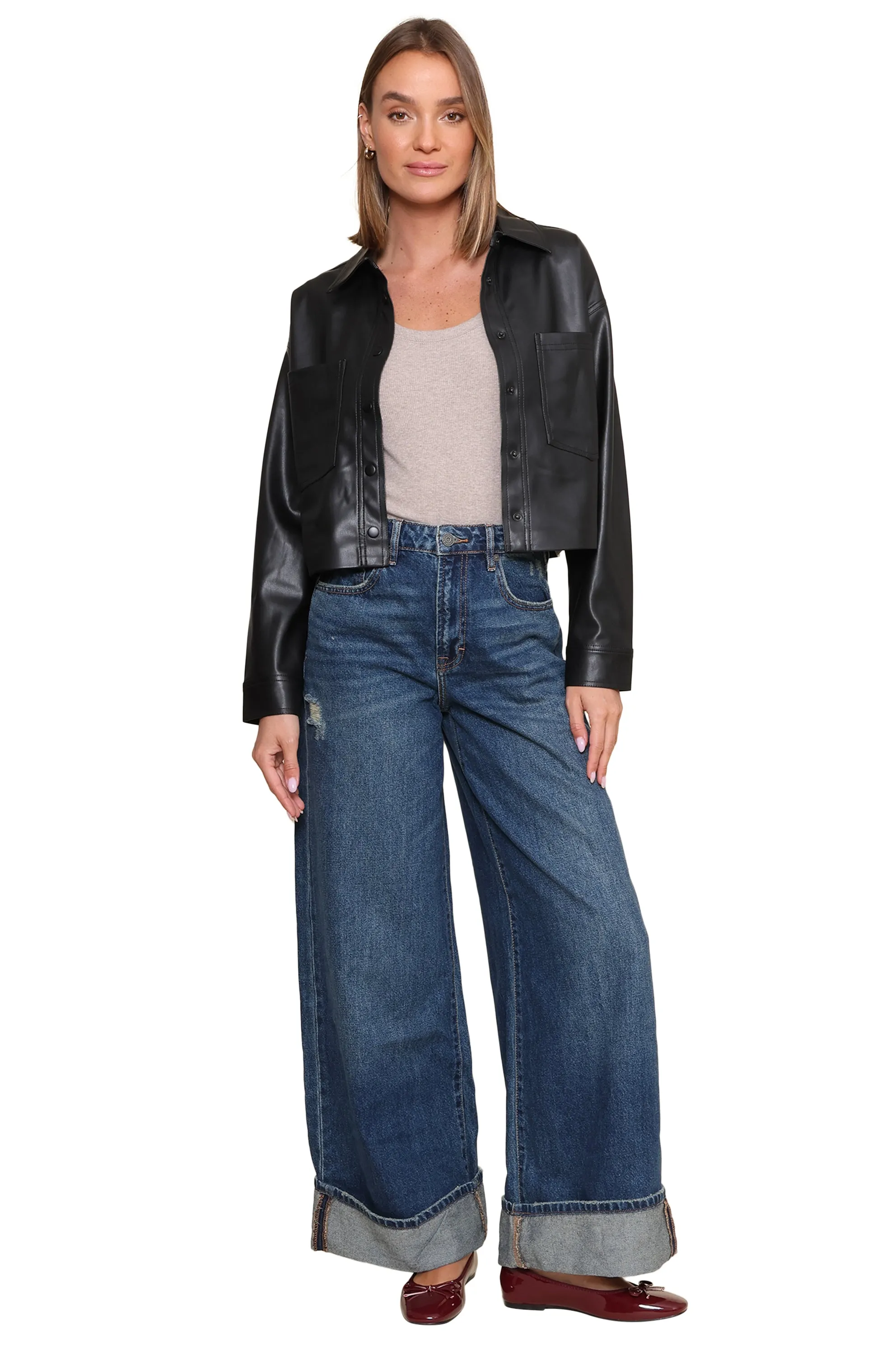 Cuffed Dark Wash Wide Leg Jean