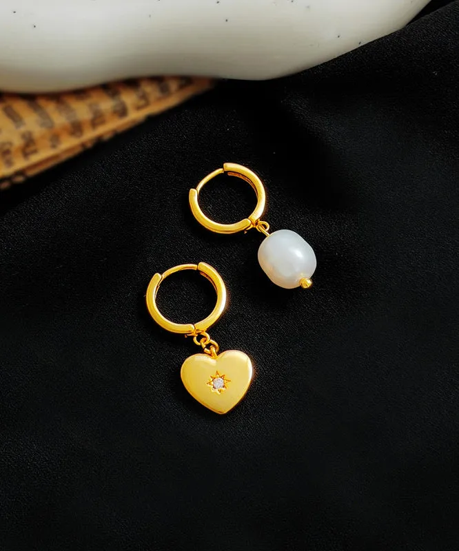 Elegant Aaymmetry Copper Gold Plated Glass Pearl Heart Hoop Earrings