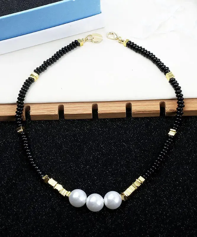 Elegant Black Alloy Pearl Beading Gratuated Bead Necklace ML1331