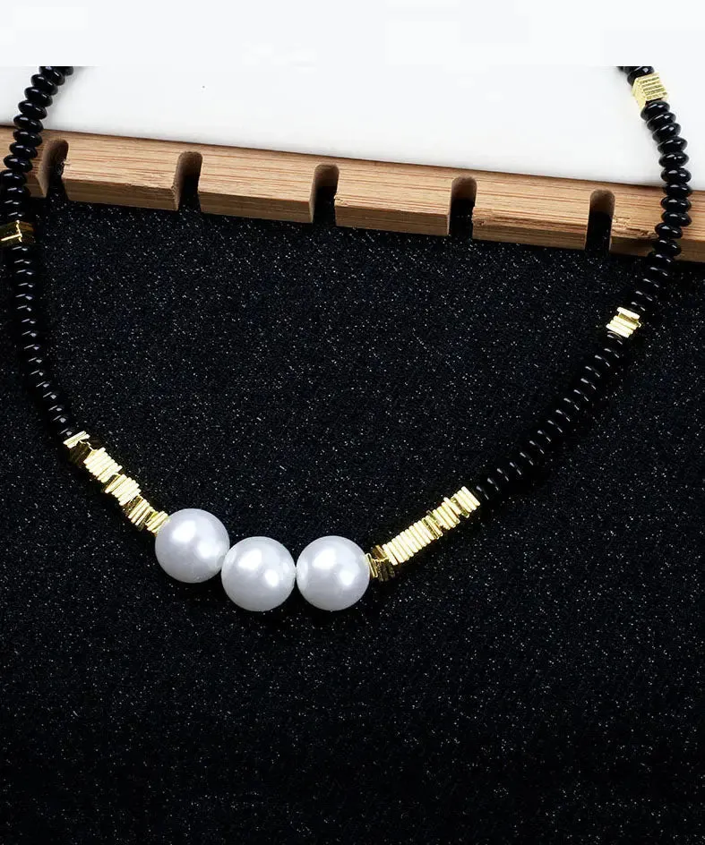 Elegant Black Alloy Pearl Beading Gratuated Bead Necklace ML1331