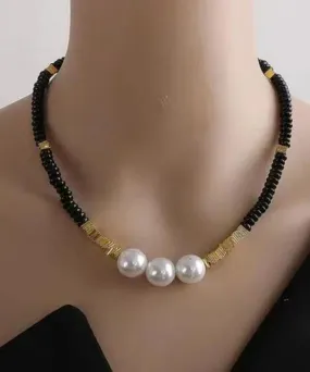 Elegant Black Alloy Pearl Beading Gratuated Bead Necklace ML1331