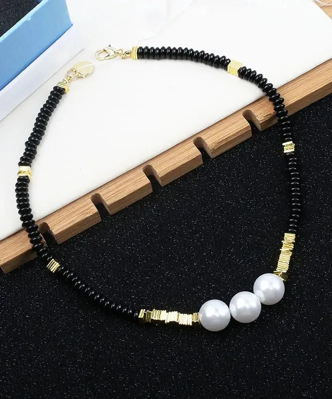 Elegant Black Alloy Pearl Beading Gratuated Bead Necklace ML1331