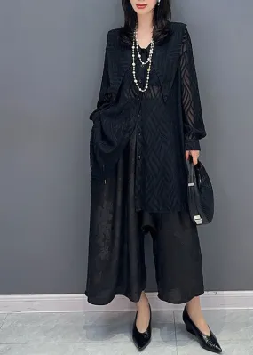 Elegant Black Print Button Chiffon Shirts And Wide Leg Pants Two Pieces Set Summer LY4325